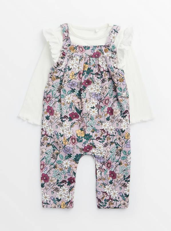 White Frill T-Shirt & Floral Dungarees Set Up to 3 mths